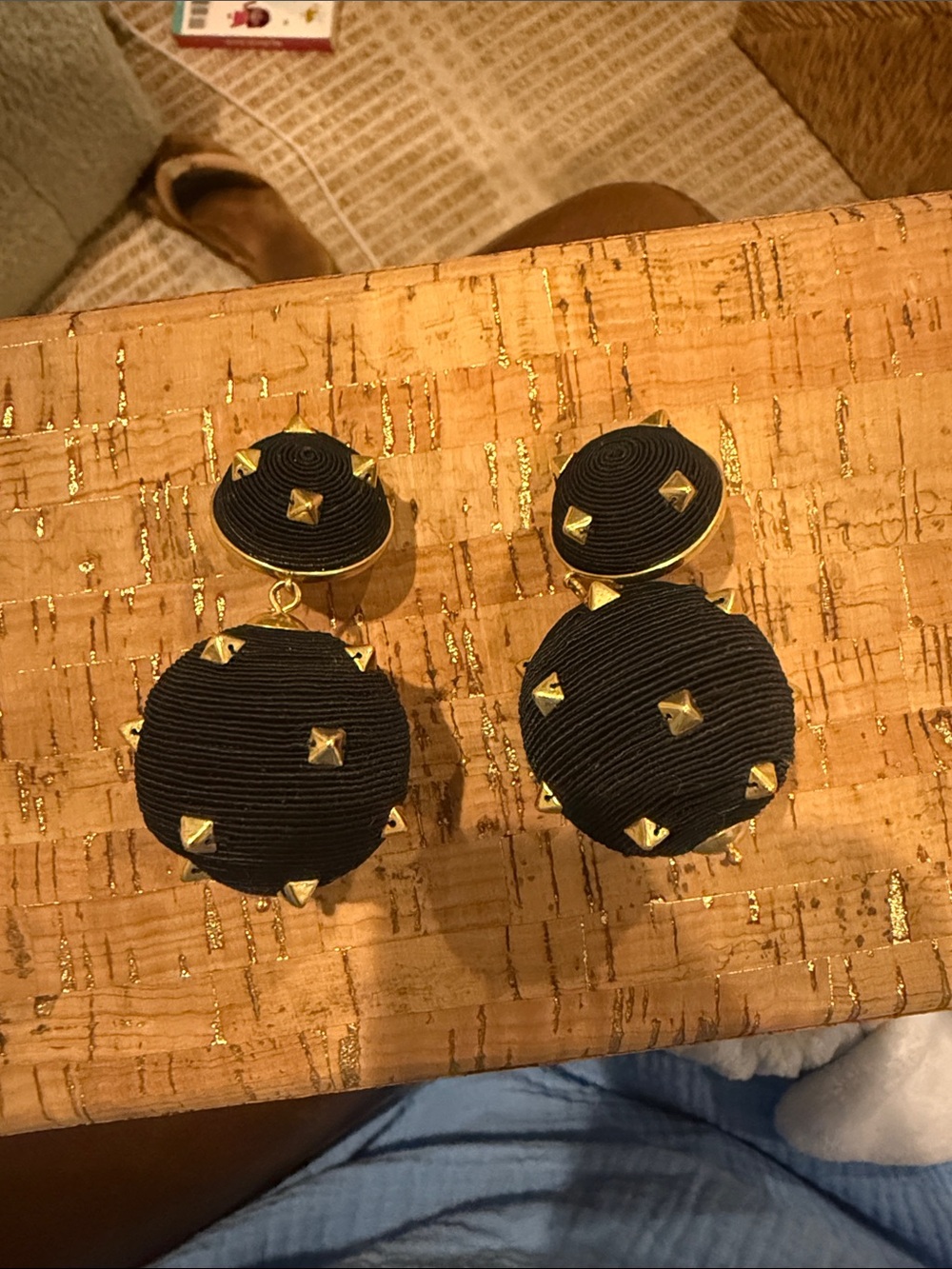 Gold-Accent Black Fabric Drop Earrings